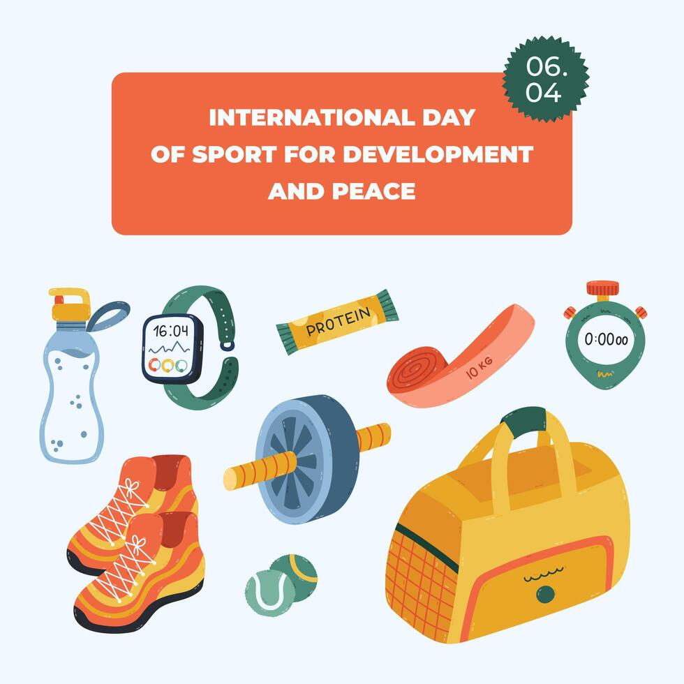 Colourful square banner for International Day of Sport for Development and Peace with fitness inventory, gym tool, athletic devices. Simple holiday poster for website background, social media design. vector