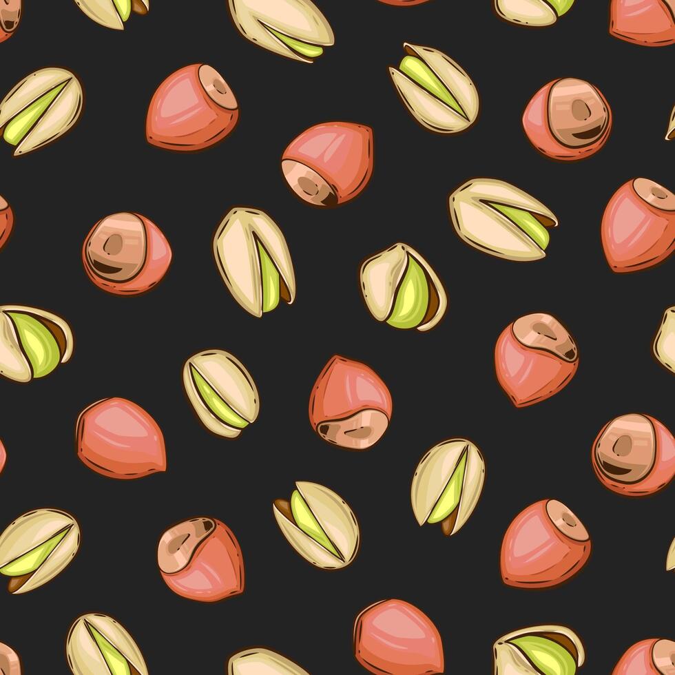 Nuts seamless pattern backgorund. Pistachio Hazelnut background. Organic food concept. Nuts pattern for fabric, packaging, coffee and bakery shops. Hand Drawn illustration vector