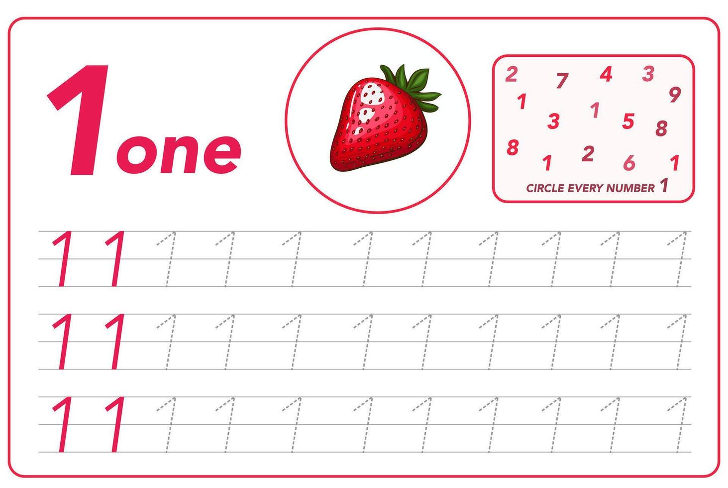 Children card numbers. Kids Learning Material. Learning numbers, tracing number practice worksheet for kids learning. Play cards for kids learning maths. Mathematics cards for children with fruits vector