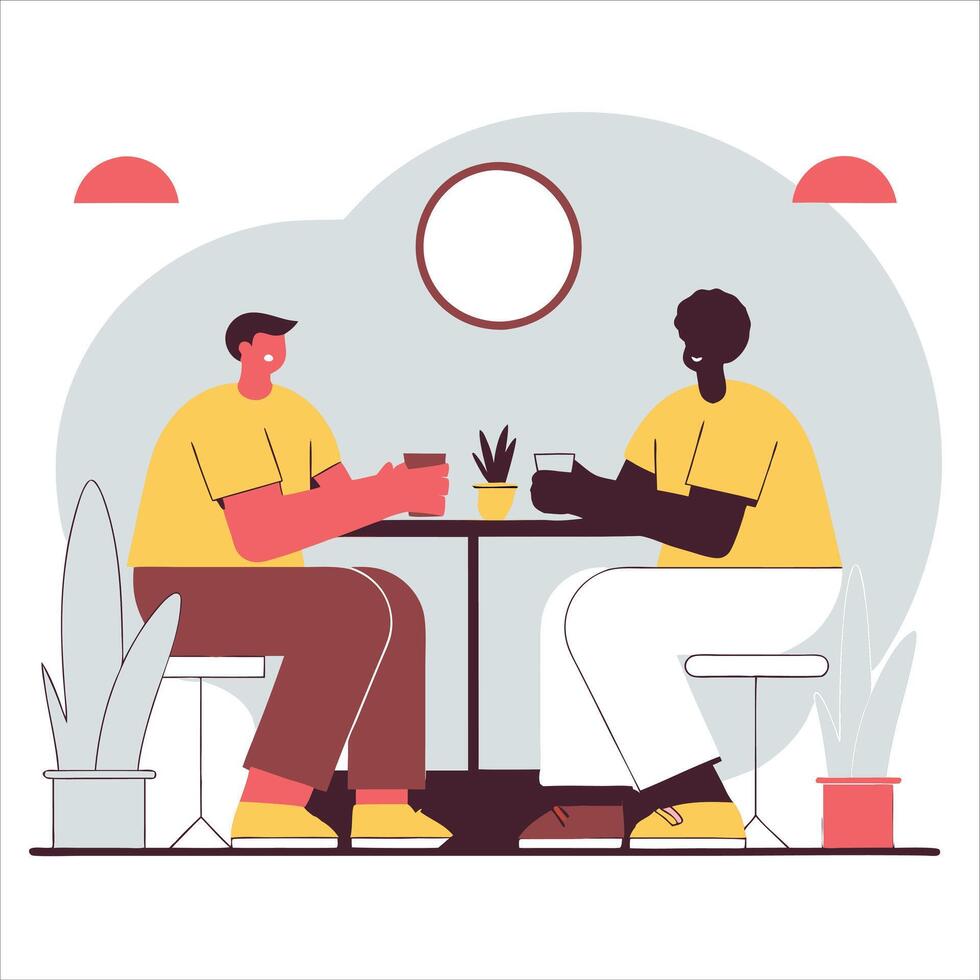 Two friends enjoying a casual conversation over drinks at a cozy cafe, surrounded by plants and warm lighting, creating a relaxed atmosphere. illustration vector
