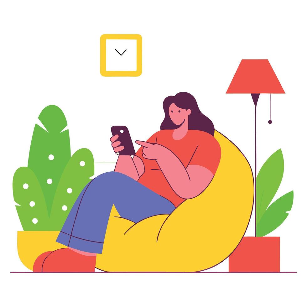 Woman relaxing in a bean bag, using a smartphone in a cozy room with plants and a lamp, embodying comfort and leisure. illustration vector