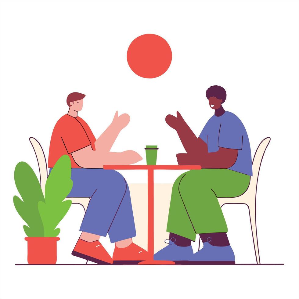 Two friends enjoying a casual conversation at a small table, with a vibrant red sun and lush green plant adding a touch of warmth to the scene. illustration vector