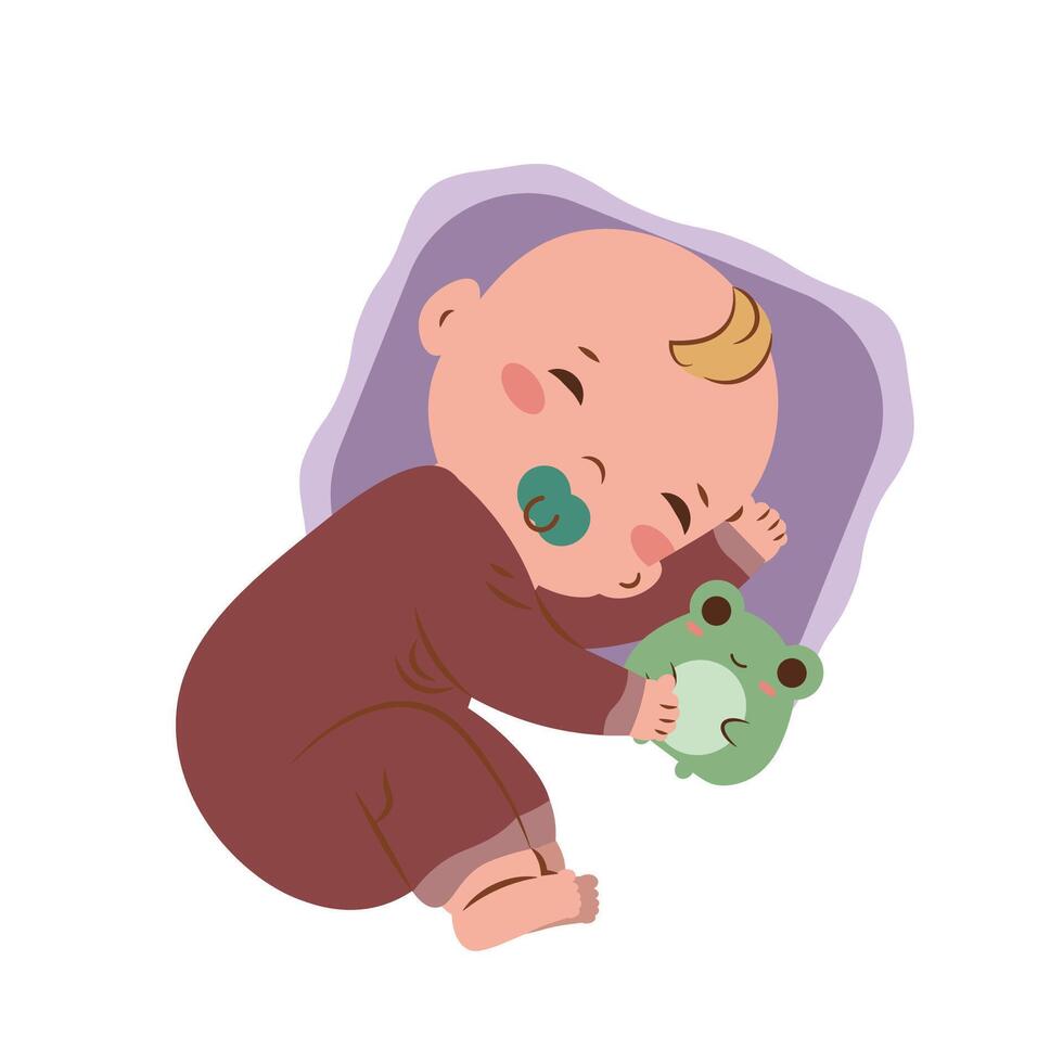Happy baby sleeping with frog plush toy on purple pillow. Trendy baby clothing, learning, happy childhood concept vector