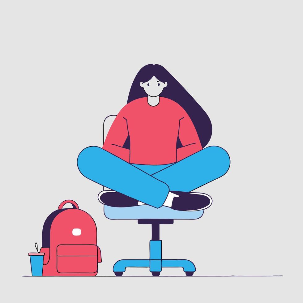 Young woman with long dark hair sitting cross-legged on an office chair, wearing a pink sweater and blue pants, with a red backpack and a drink beside her. illustration vector