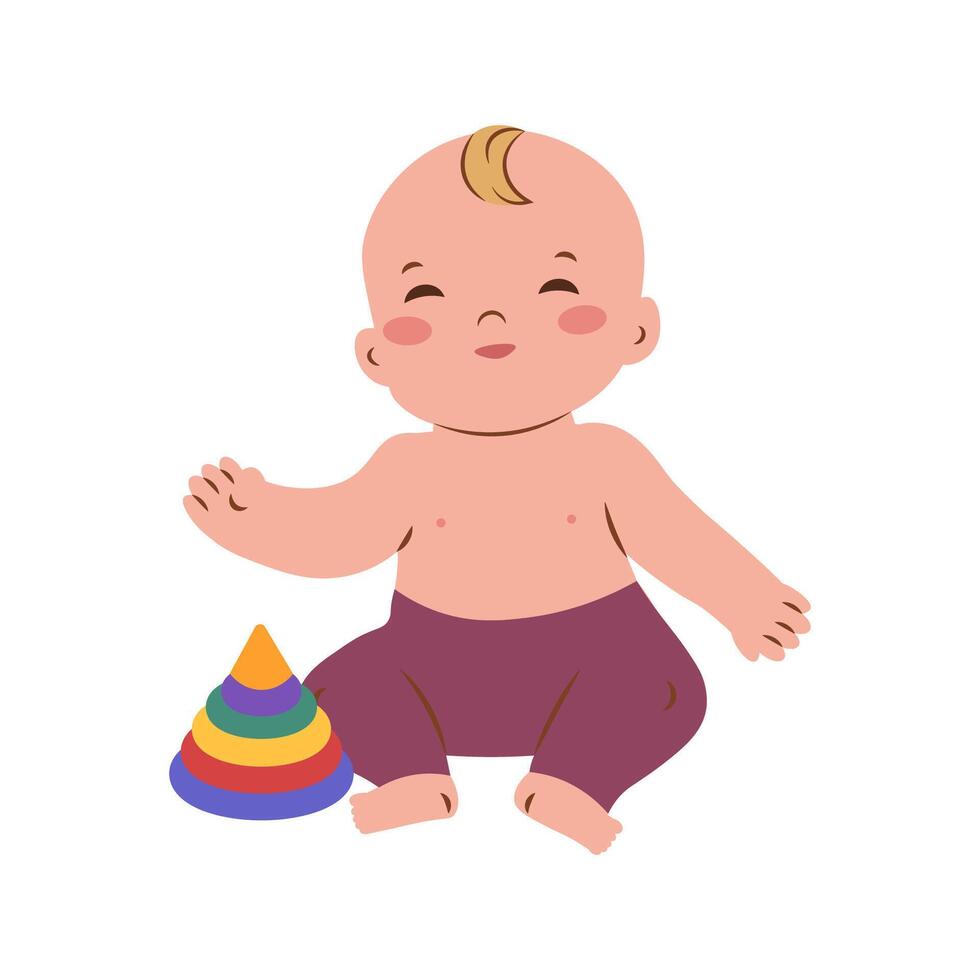 Little baby boy in stylish casual clothing barefoot sitting on floor, playing with colorful toy. Trendy baby clothing, learning, happy childhood concept vector