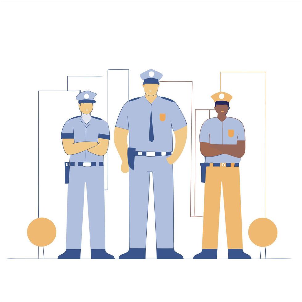 Three police officers in uniform standing confidently with arms crossed, representing law enforcement and community safety. illustration vector