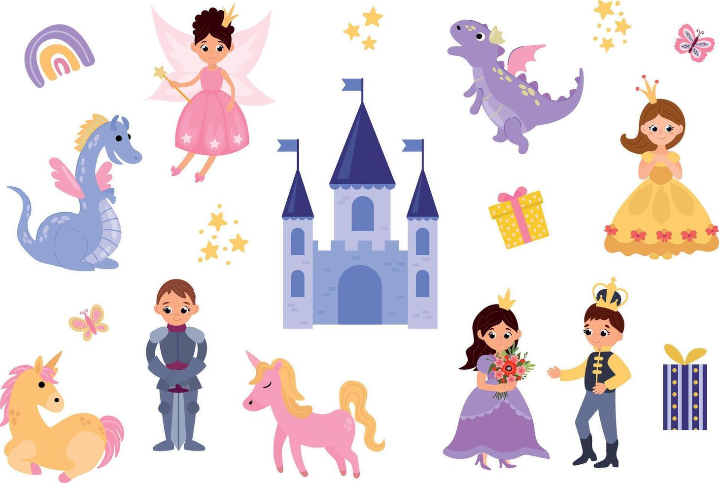 Set of hand drawn princess, prince, castle, dragon, unicorn and other details vector