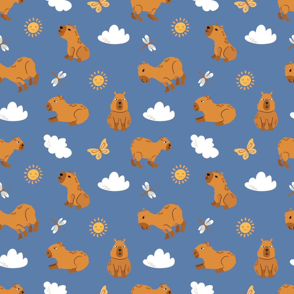 Seamless pattern with cute capybaras with clouds, sun, dragonfly and butterflies vector