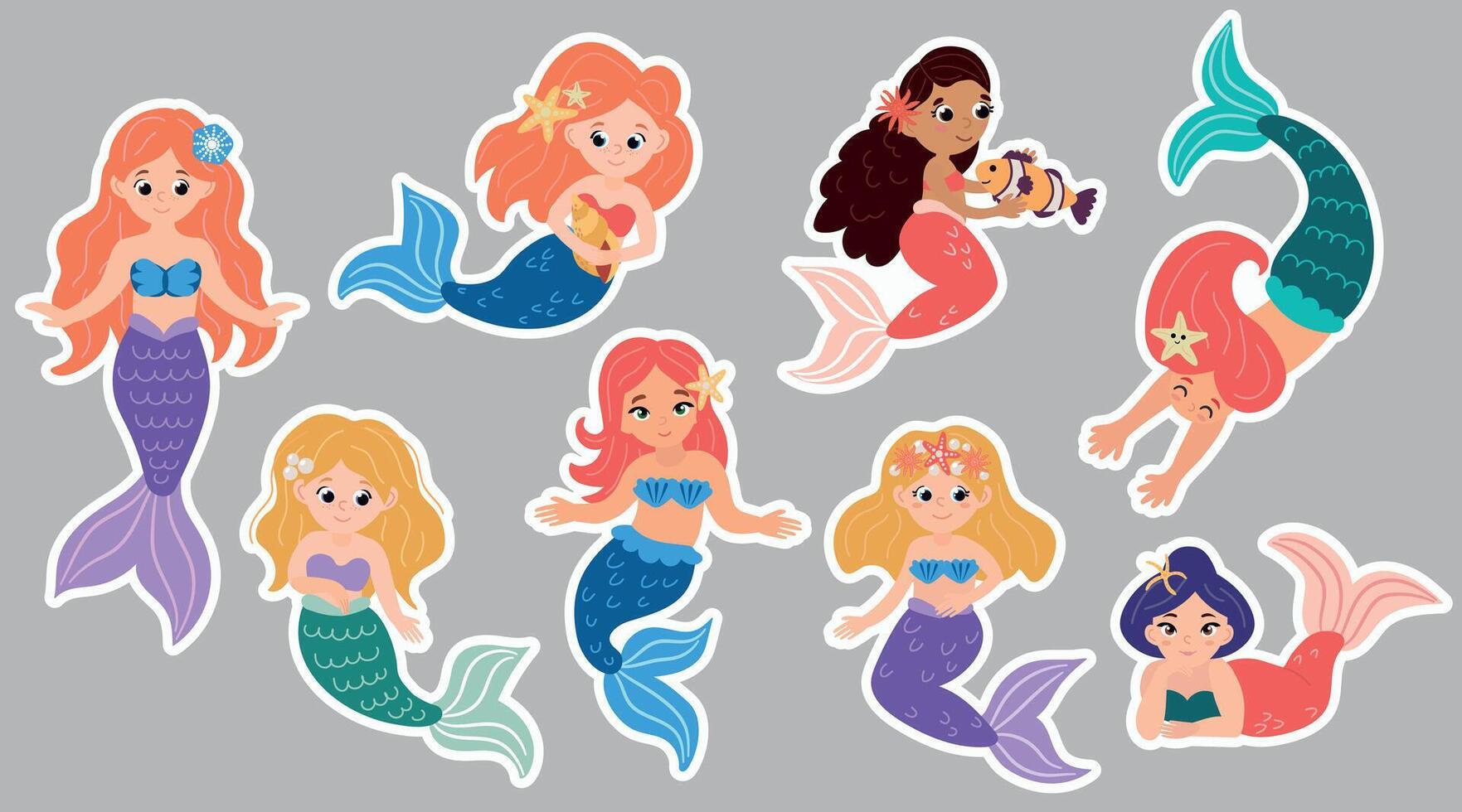 Cute mermaid sticker set. Underwater kingdom. Sea creatures. vector