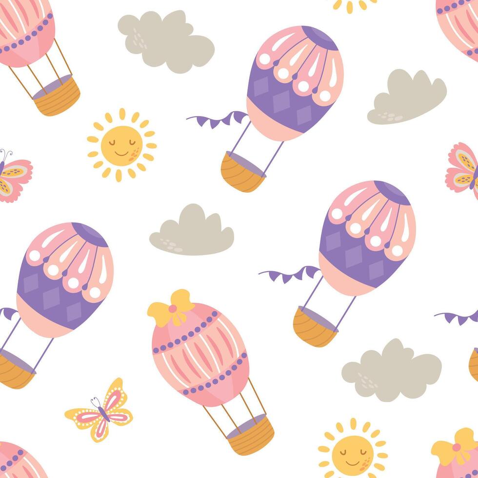Seamless pattern with balloons with clouds, butterflies, sun. Design for fabric, textile, wallpaper, packaging vector
