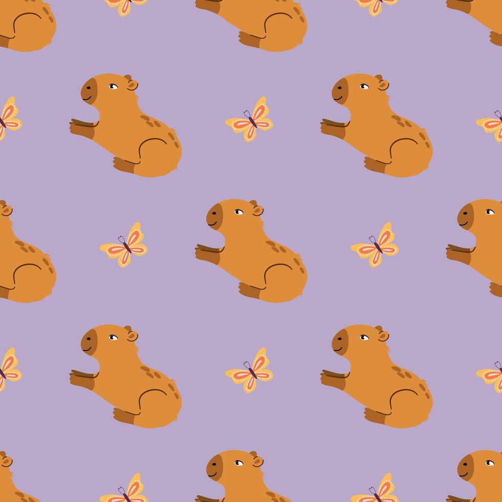 Seamless pattern with cute capybaras and butterflies. Design for fabric, textile, wallpaper, packaging vector