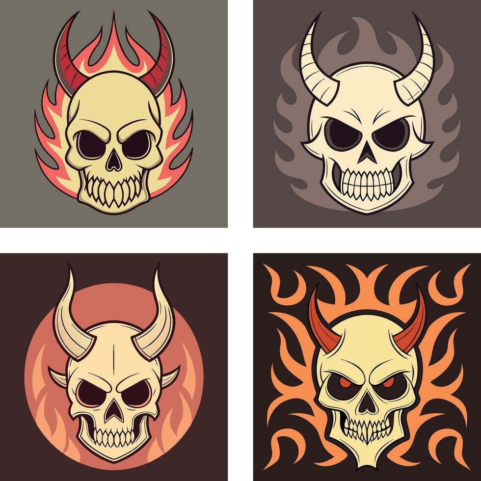 Edgy Devil Skull Art in Gray, Orange, Cream and Purple vector