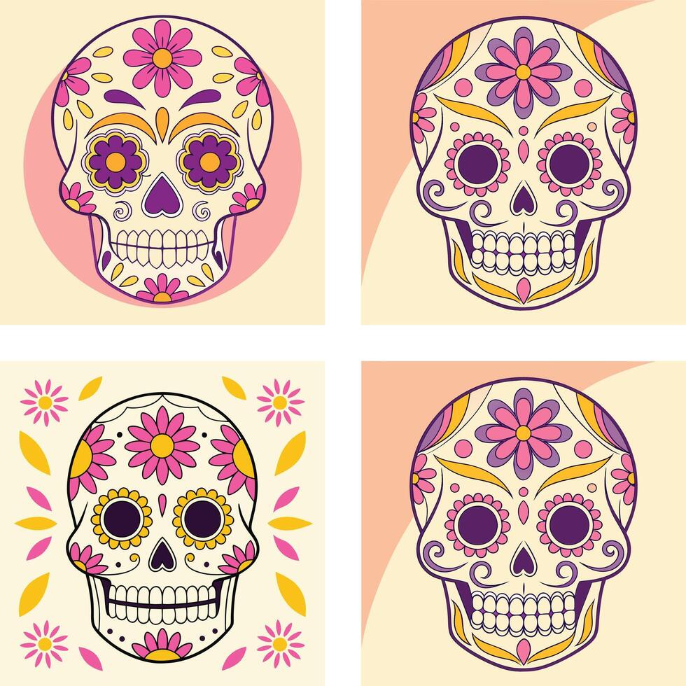 Floral Sugar Skull Art in Pink, Yellow vector