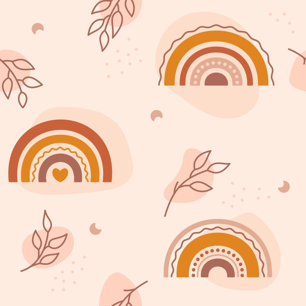 Boho baby seamless pattern with leaves rainbows drops simple forms and crescent. vector