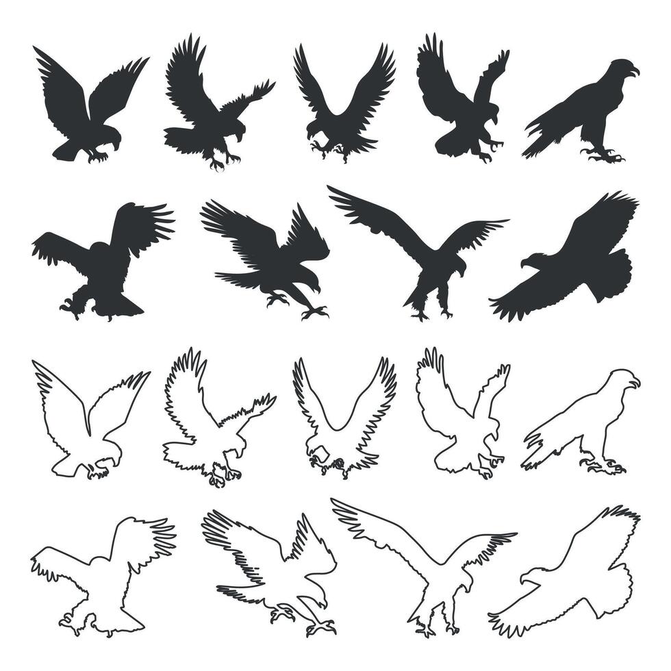 Set of eagle or falcon silhouette and line art icons design illustration. vector