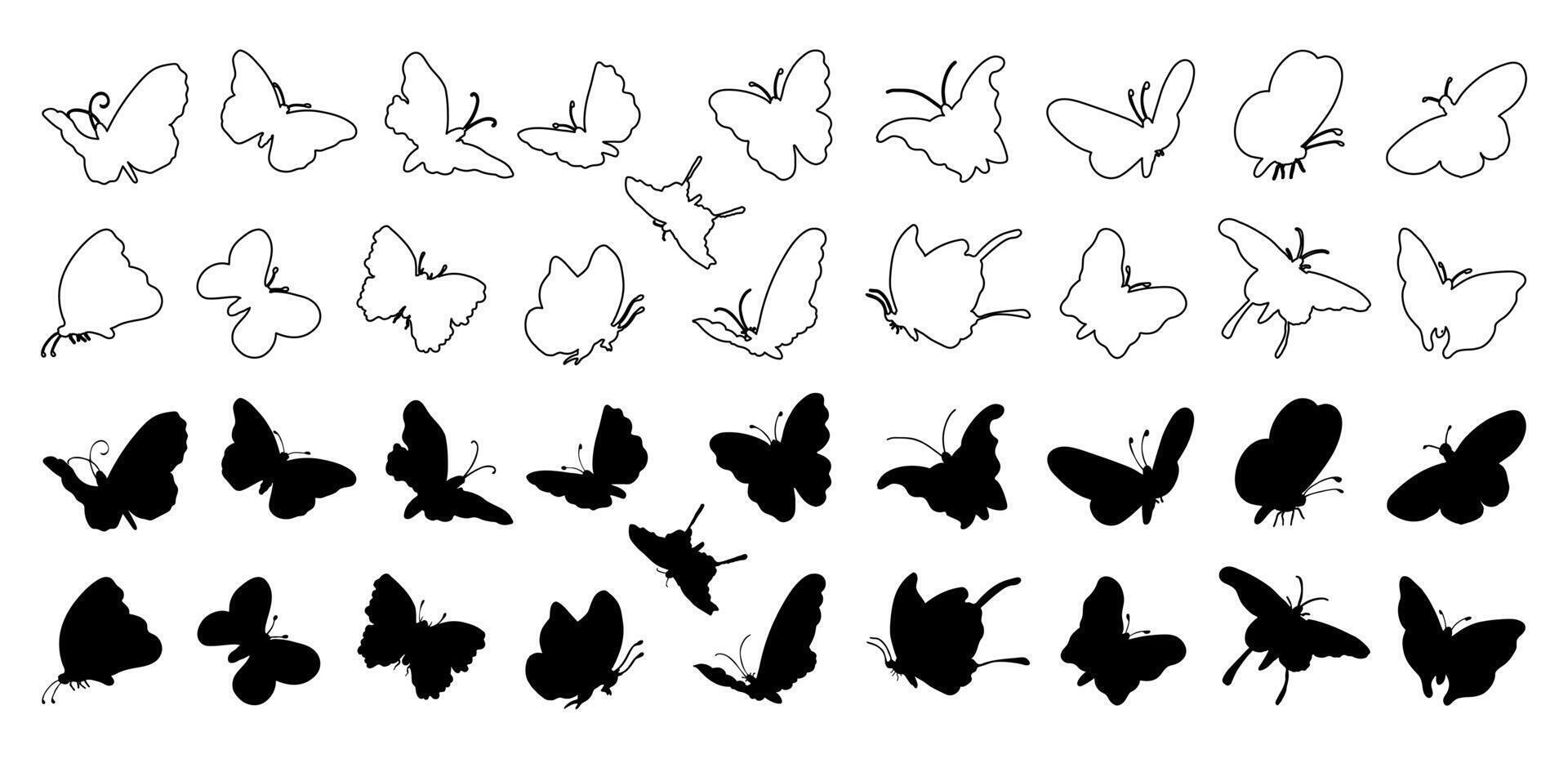 Set of butterfly silhouette and line art icons illustrations on a white background. vector