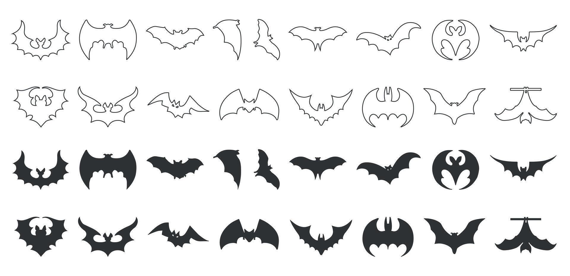 Bats silhouettes and line art icon collection on a white background vector