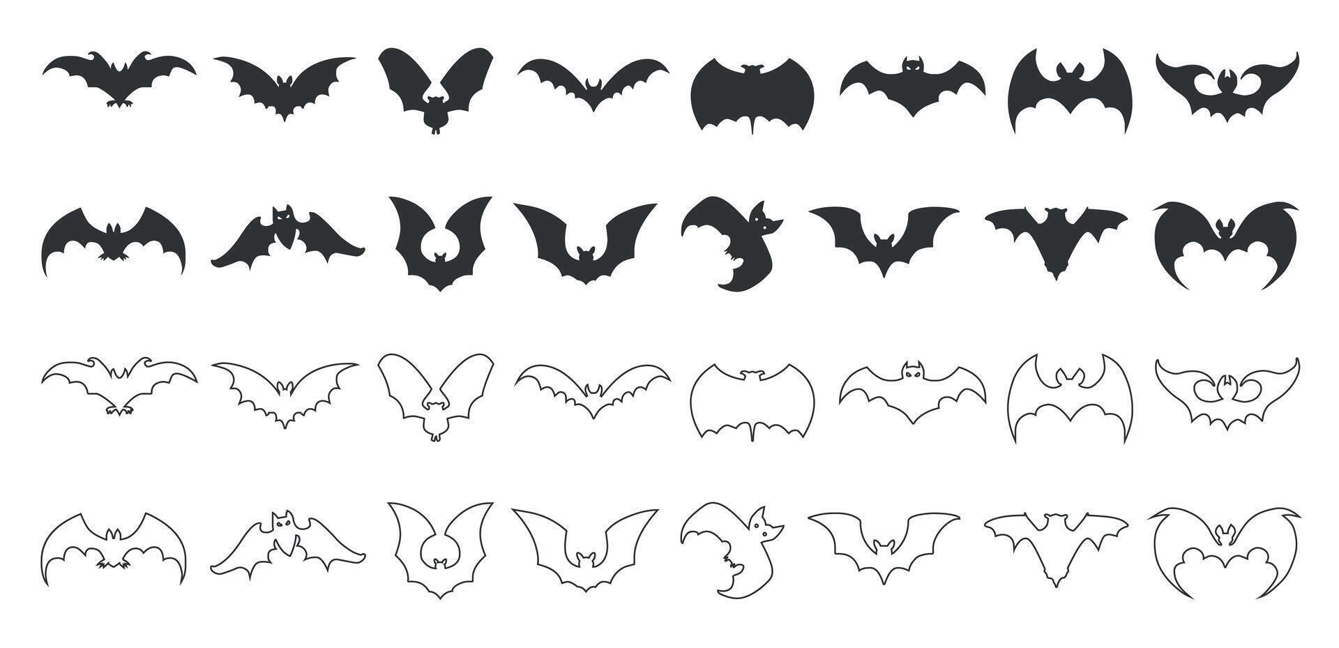 Bats silhouettes and line art icon set collection on a white background vector