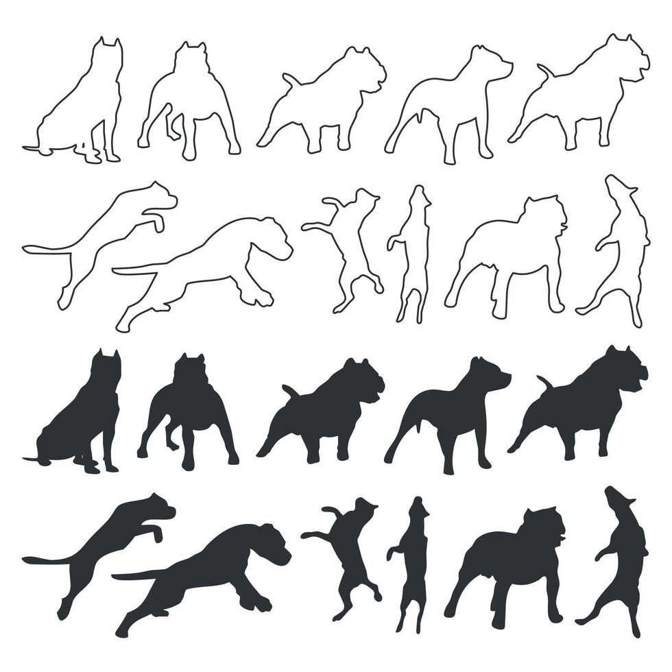 Set of Bulldog silhouettes and line art icon vector