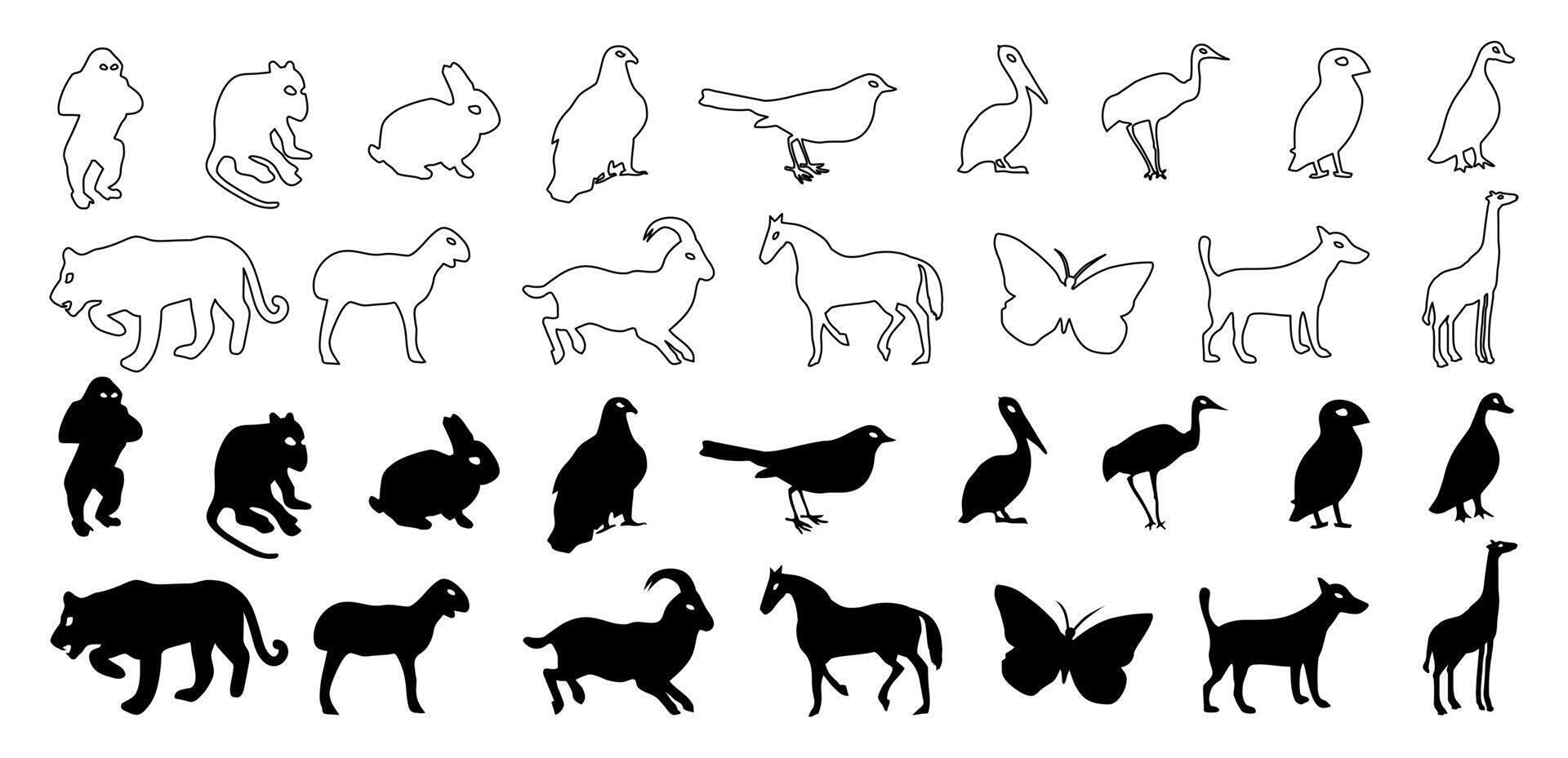 Animals silhouettes and line art icon collection vector