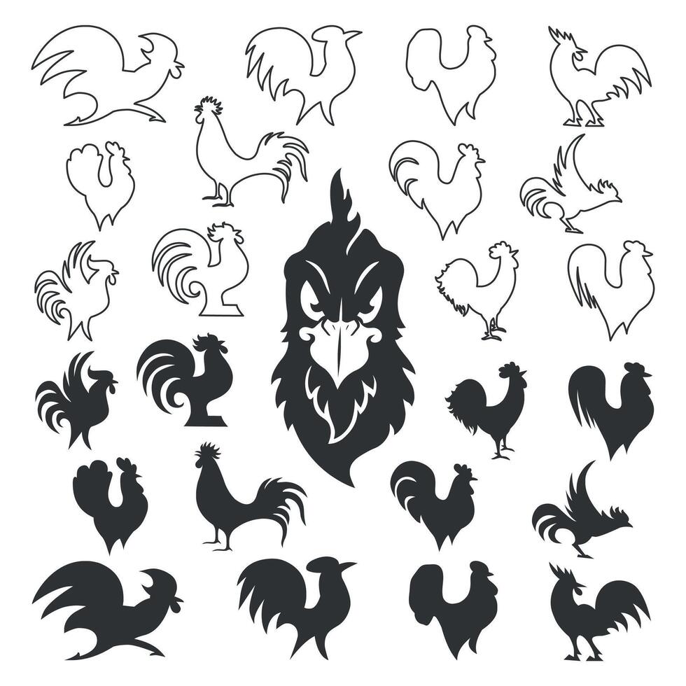 Set of chicken or rooster silhouette and line art icons design vector