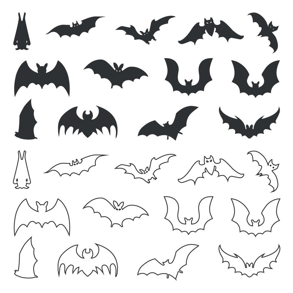 Bats silhouettes and line art icon set collection vector