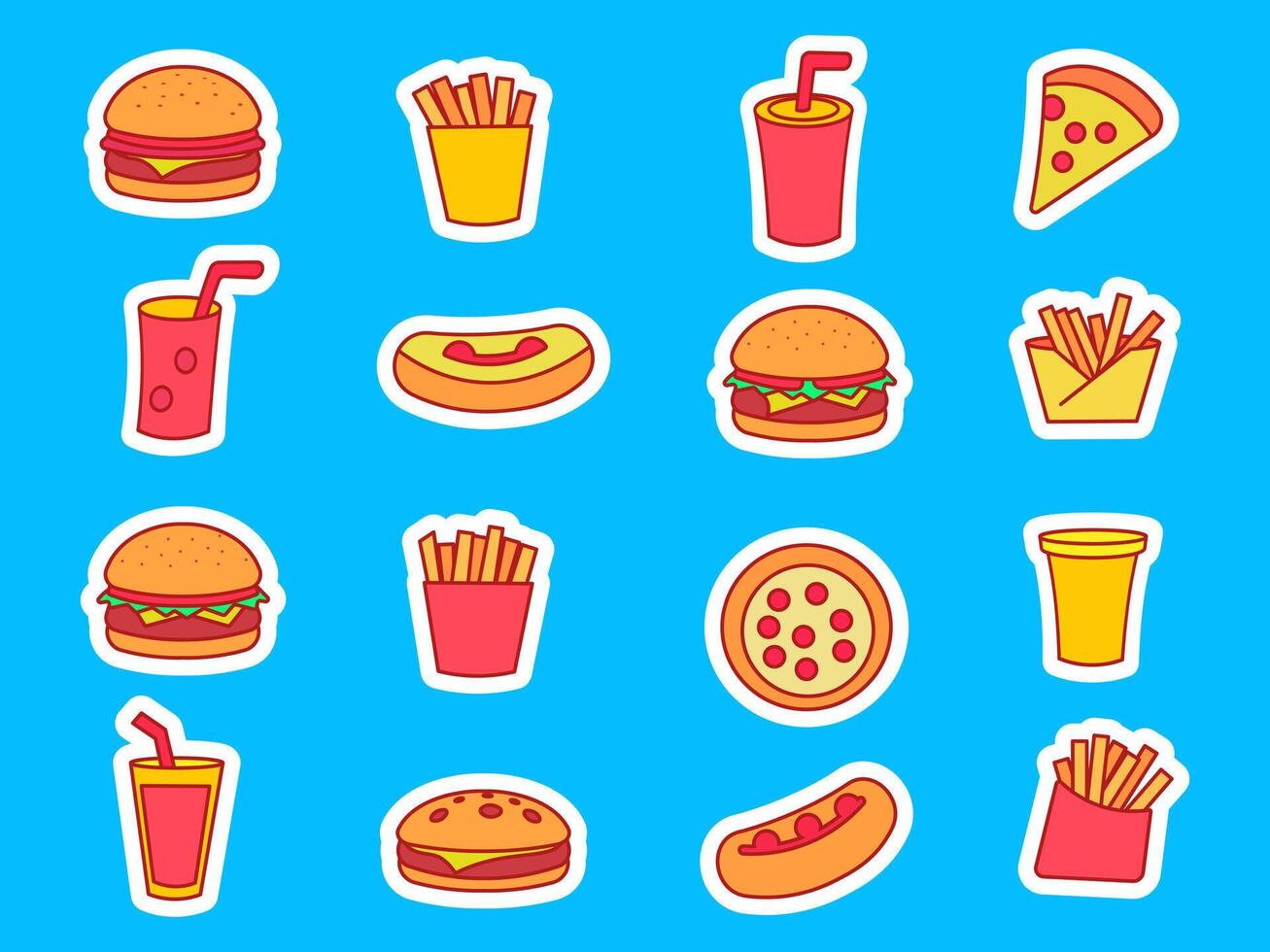 Fun Fast Food Icon Set with Burgers, Pizza, Fries and Drinks vector