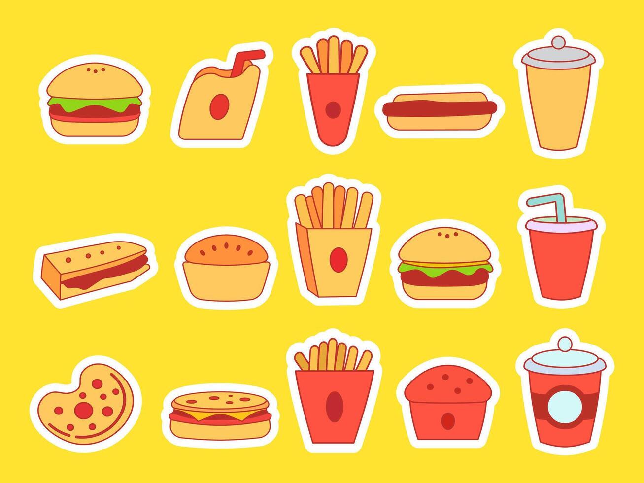 A Set Cartoon Fast Food Stickers on Yellow Background for Design vector