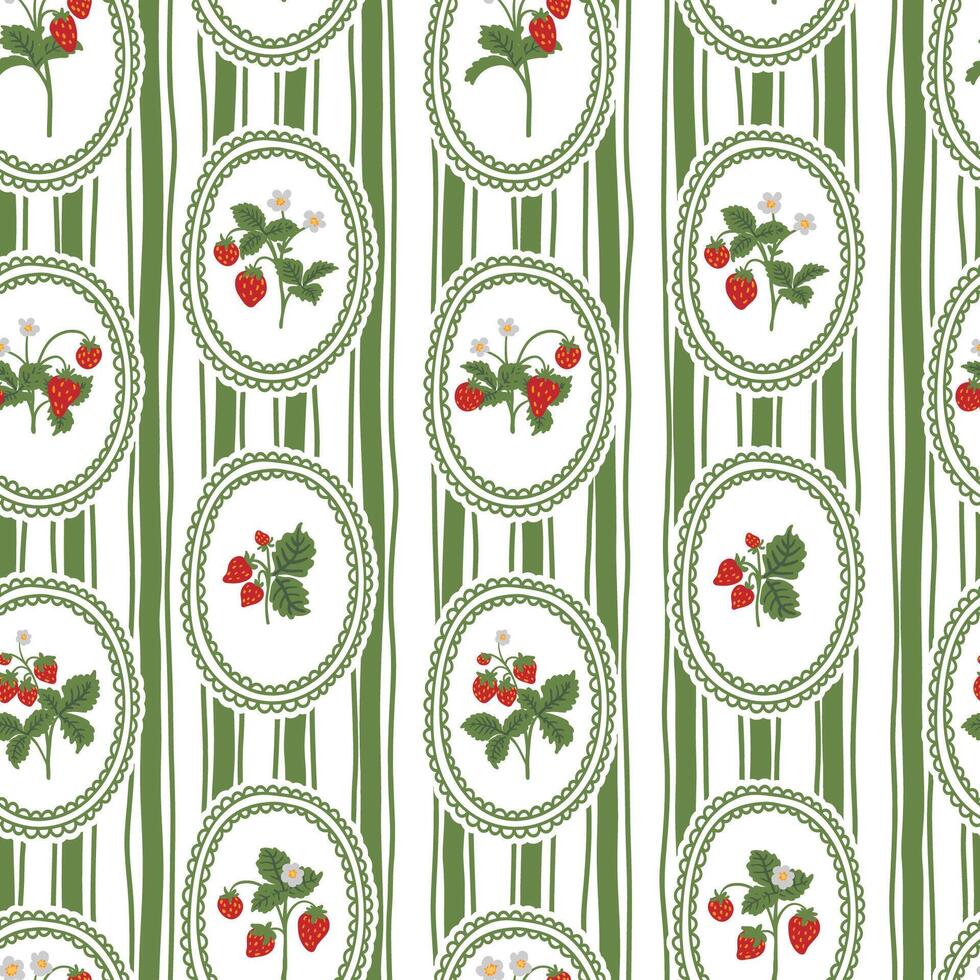 strawberry with flower in lace frame preppy flirty seamless pattern on striped background vector