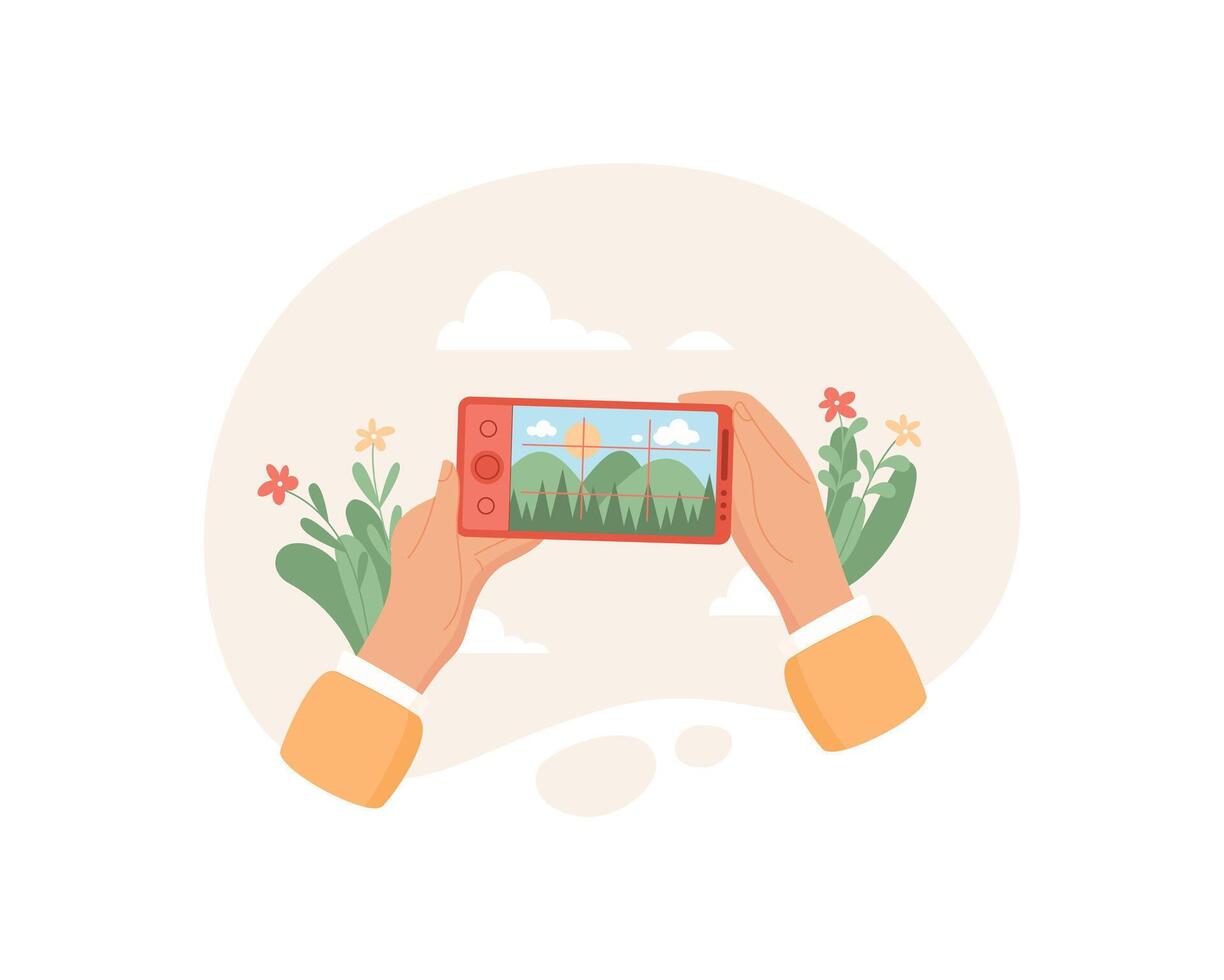 A hand holds a smartphone showing a camera app. The user interacts with the phone to take selfie or photo. This digital technology highlights engagement in social media context, flat style, suitable vector