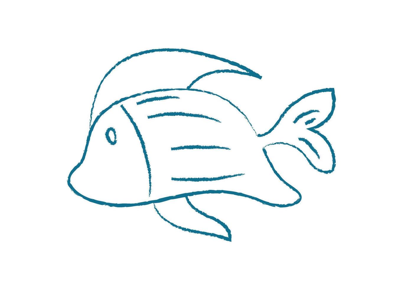 Aquatic fish silhouette. Cartoon depiction of a swimming creature. Underwater life, doodle style, perfect for summer icons or designs. Chalk and crayon style vector