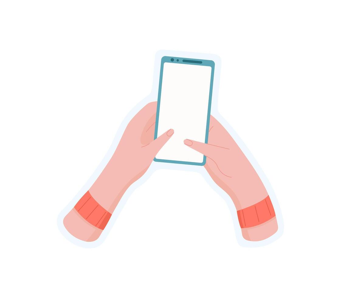 Sticker of hand holding phone. Graphic of device with screen and touch. Mobile application concept, simple style, ideal for social media marketing and digital communication. vector