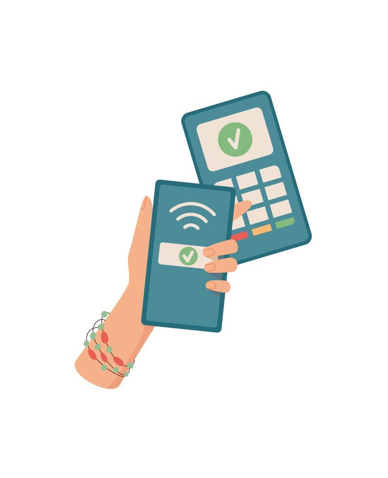 Female hand holds phone sticker. Woman holds smartphone for digital payment. Electronic cash payment, credit wallet, financial concept, graphic style, suitable for business usage. vector