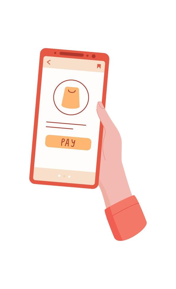 A hand holds a phone in a flat style. The user interacts with mobile app for payment. The device displays an order screen for product in an online store, illustrating commerce and potential usage. vector
