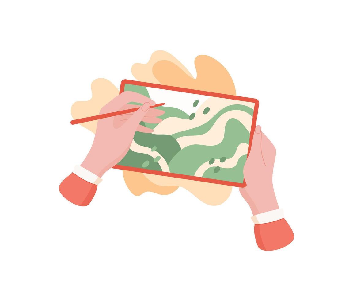 Hands draw on a tablet screen. A user interacts with an app using their fingertips. This digital device showcases mobile art creation, simple style and creative potential for online content. vector