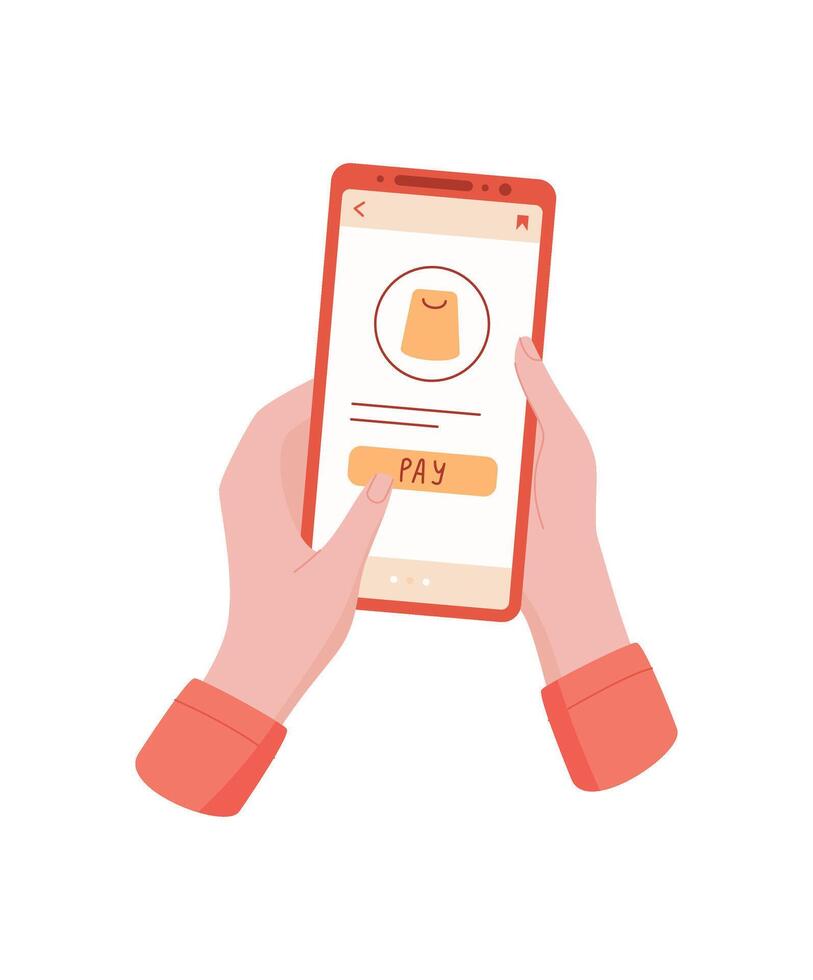 Hands hold a phone with a payment app. A mobile device displays an online shopping application. This image shows customer using touchscreen to buy products, flat style, e concept. vector