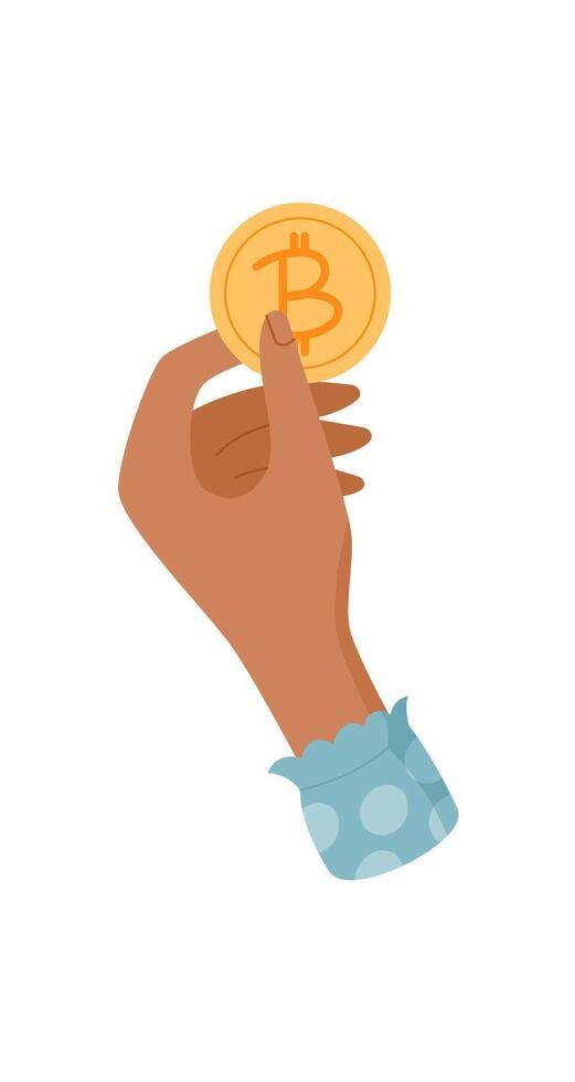 Hand holding a bitcoin coin. Female palm presents digital money. Finance gesture, graphic style, potential for crypto financial content or digital currency themes. vector