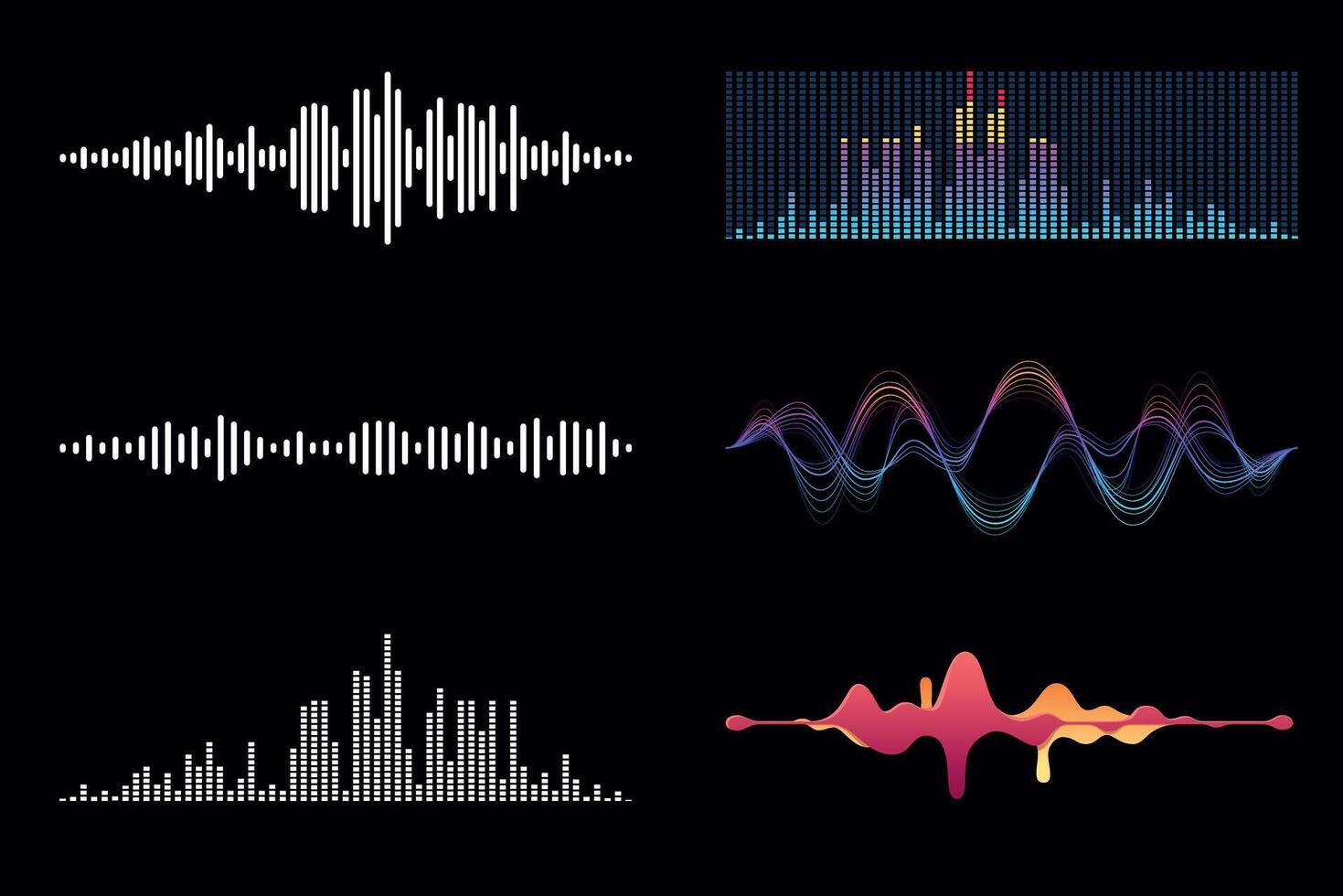 Glowing Sound Waves Visualizer Set. Suitable for music projects, podcasts, and DJ productions. vector
