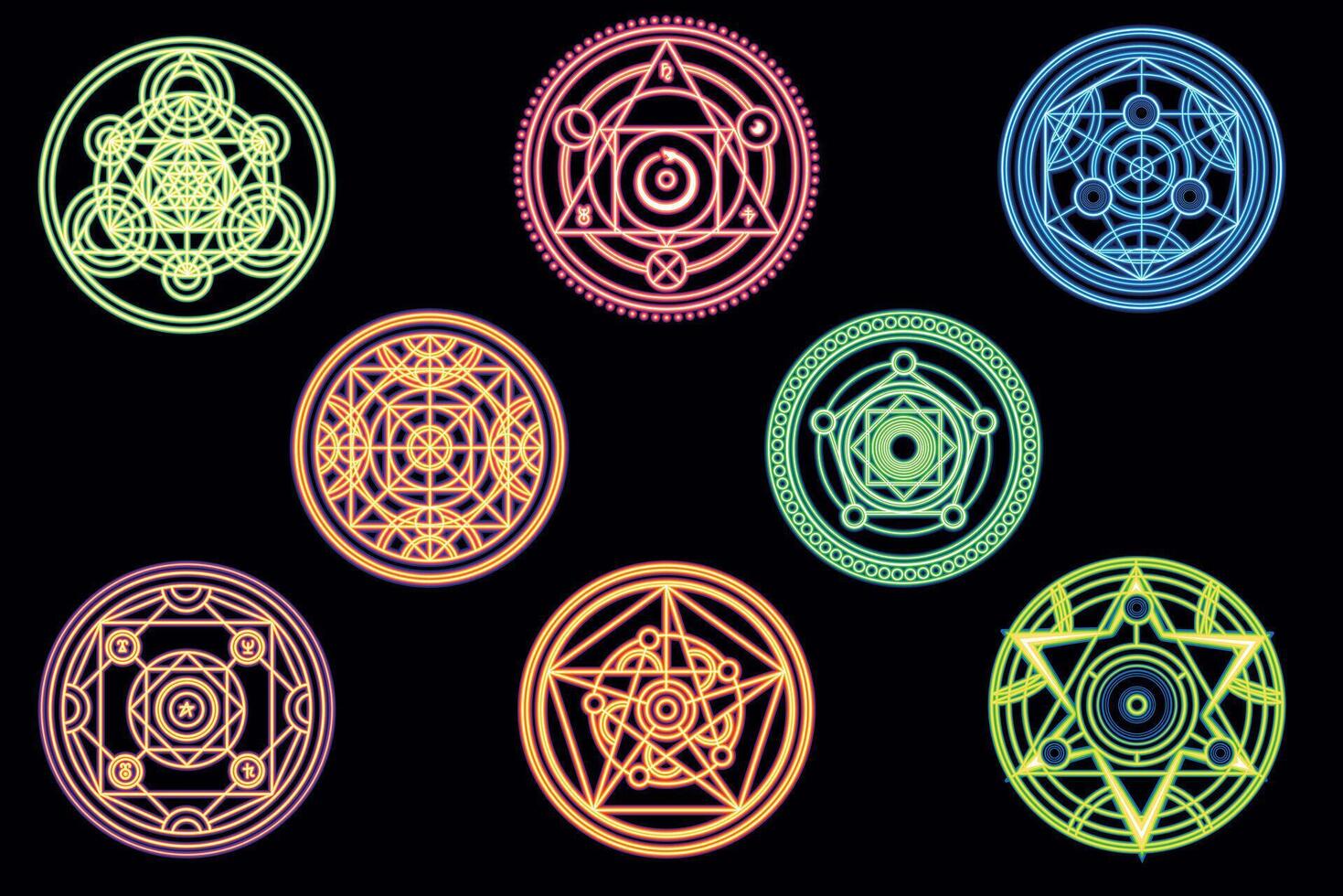 Alchemical Sacred Circle Symbols Set. A collection of mystical geometric symbols inspired by sacred geometry, occultism and esotericism. Suitable for prints, logos and meditation designs. vector