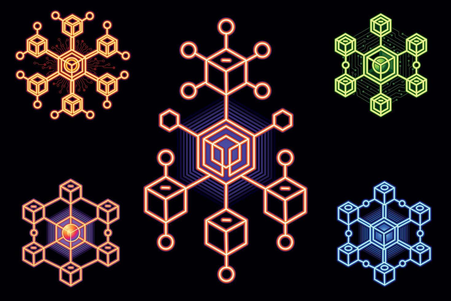 Neon Cybernetic Hexagonal Structures. Neon Tech Blockchain Collection vector