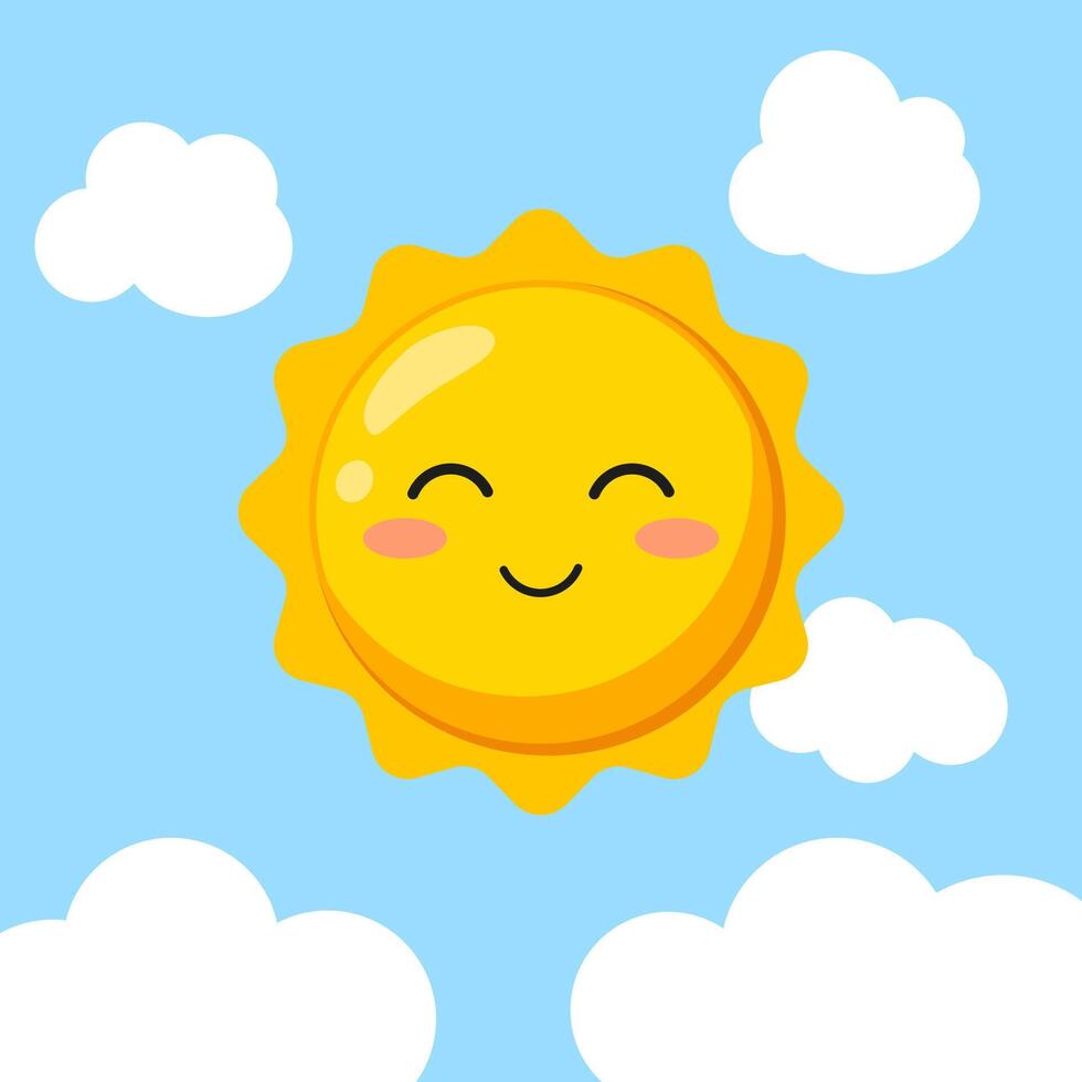 Cute sun character in blue sky vector