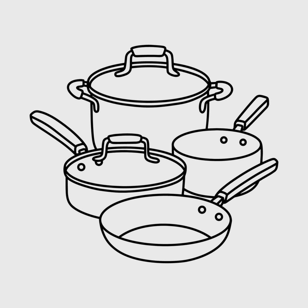 Cookware set with different types of pots and pans. Thin line illustration. vector