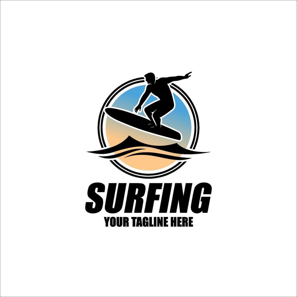 Surfing in beach logo with sunrise vector