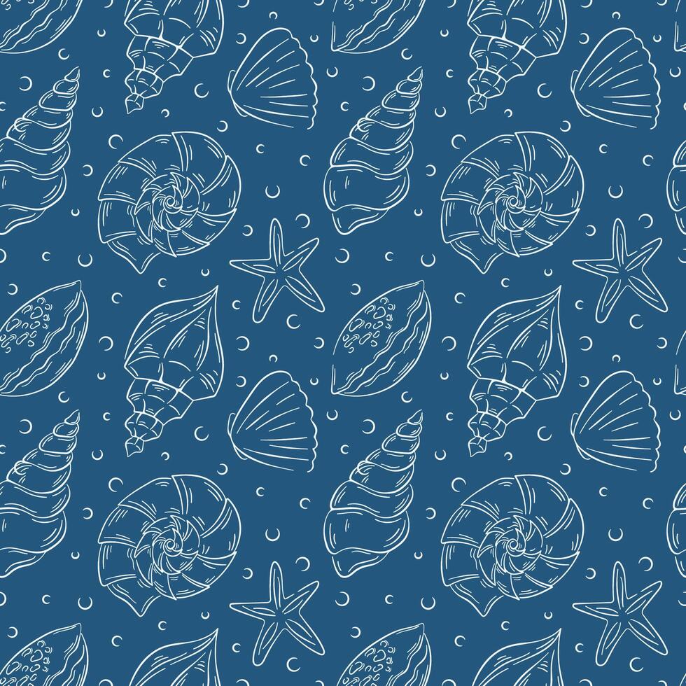 Seamless pattern with hand drawn seashells starfish and ocean element on a blue background. Perfect line art design for textile, wallpaper, wrapping paper and summer beach theme. vector