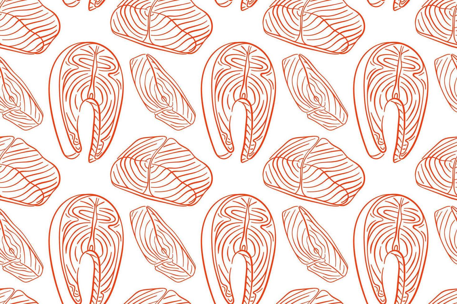 Seamless pattern with hand drawn salmon fillet and steak in line art style. Perfect for seafood packaging, restaurant menu, culinary design and fish market branding on a white background. vector
