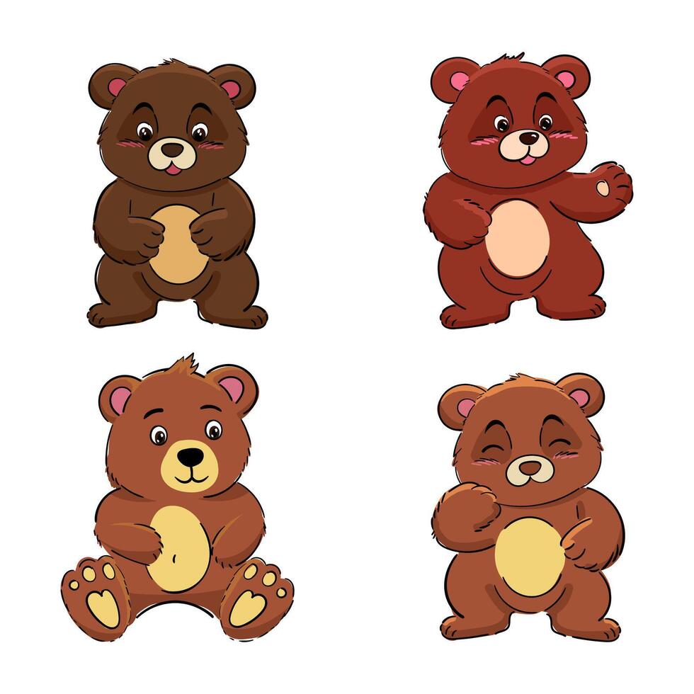 Set of cute Brown Bear character standing, sitting, cartoon illustration isolated on white background. Baby bears hand drawn. elements for design printing vector