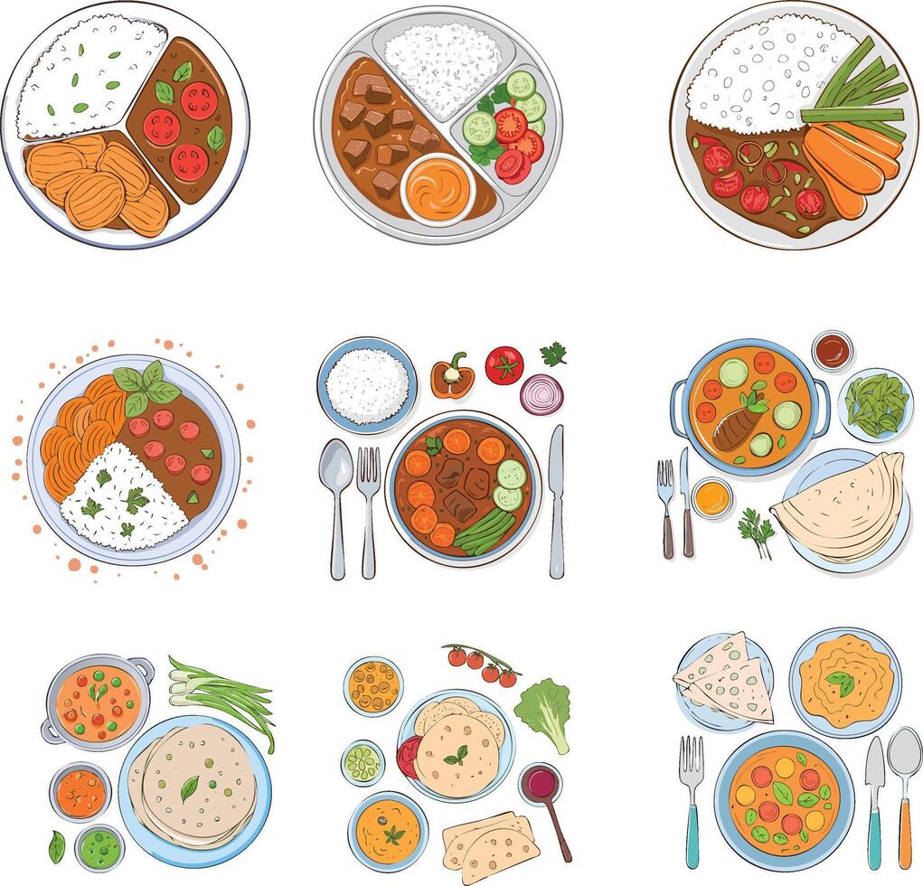 indian style balanced diet illustration set vector