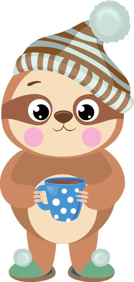 Cute brown sloth waking up drinking cup of coffee vector