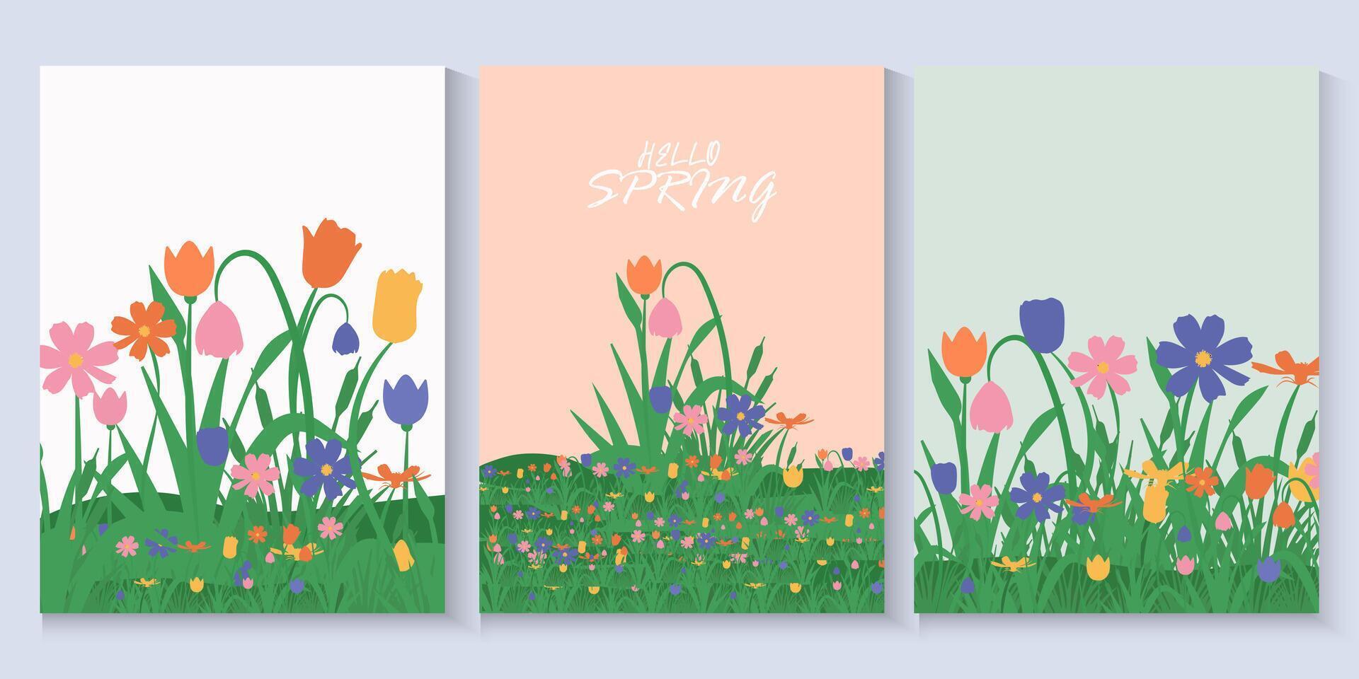 set of spring poster banners with flowers and grass vector