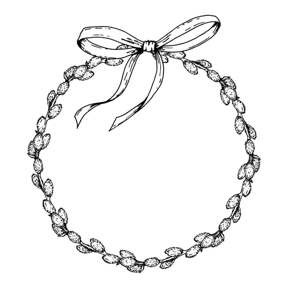 Hand drawn circular wreath made of willow branches with fluffy buds and ribbon bow on top. Black and white illustration for Easter, spring greeting cards, packaging and craft design. vector